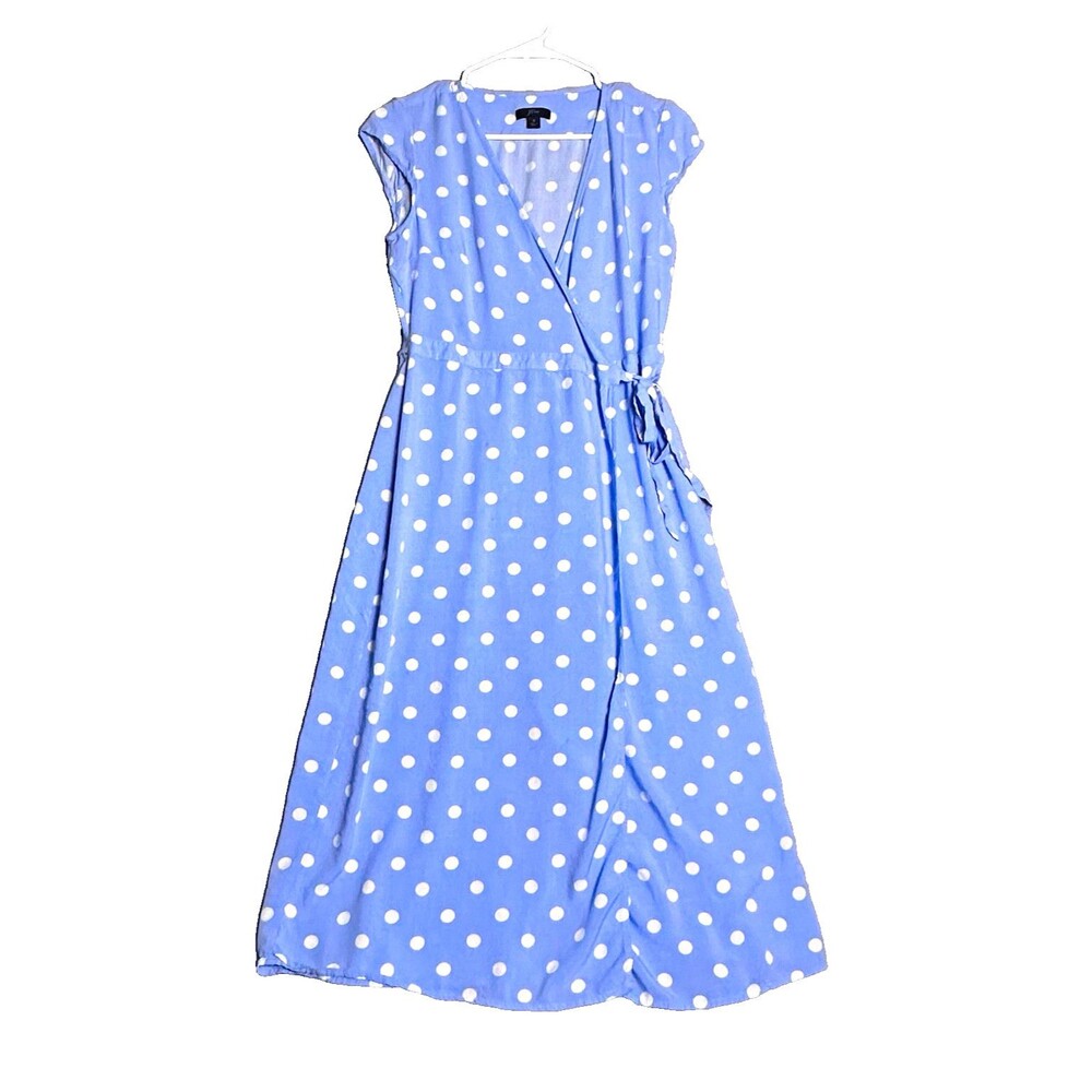 J.Crew Wrap Dress Womens S Blue White Polka Dot V-Neck Cap Sleeve Tie Waist Midi